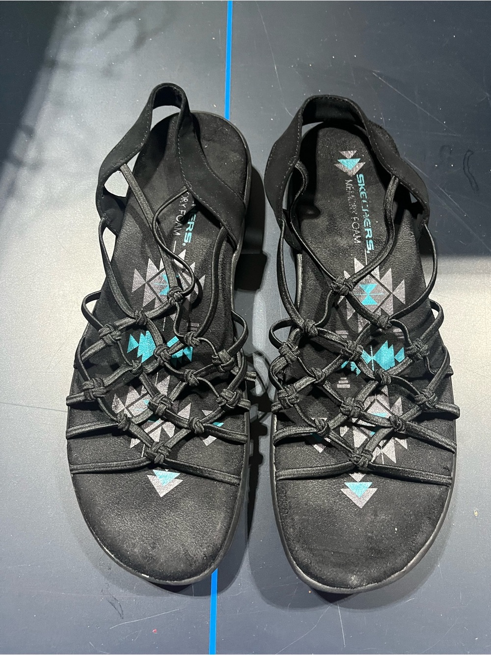 Skechers Black Women's Knotted Strappy Sandals with Teal Accents, size10